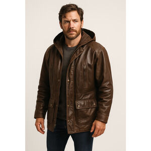 Direct Action NY Mens Leather Jacket Field Parka coat hooded Brown sz S 90s VTG